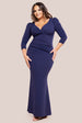 Goddiva Plus Three-Quarter Faux Wrap Neck Maxi Dress - Navy Blue