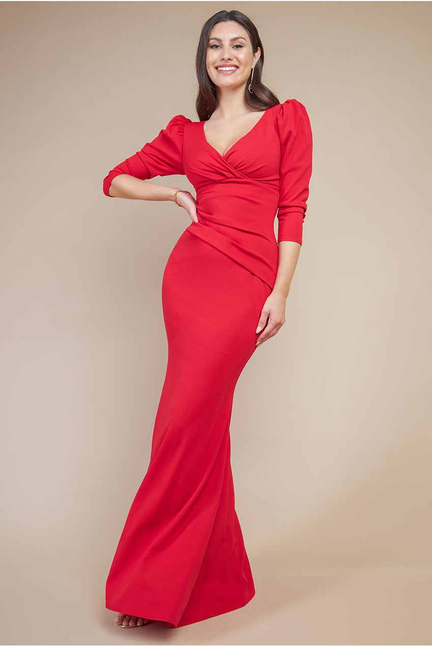Goddiva Front Wrap Pleated Scuba Maxi Dress - Red
