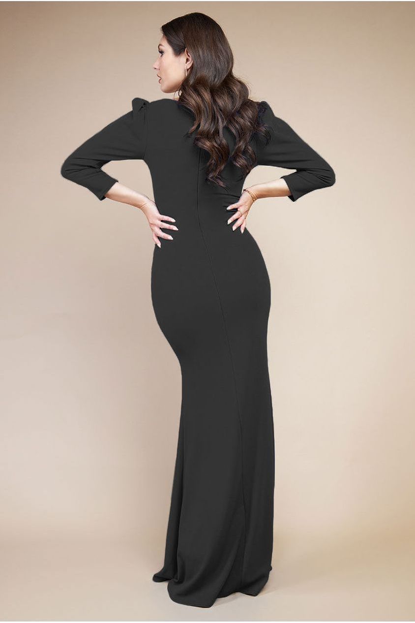 Goddiva Front Wrap Pleated Scuba Maxi Dress - Black