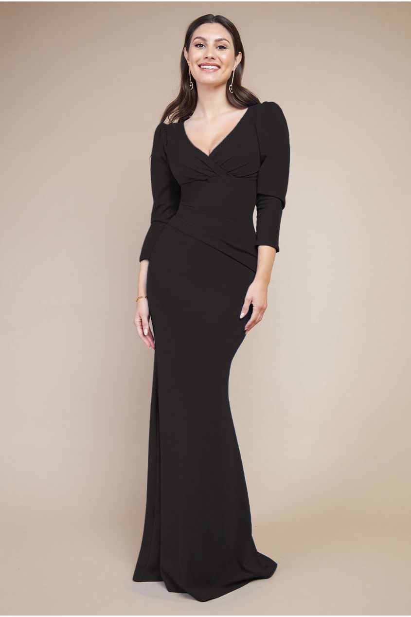 Goddiva Front Wrap Pleated Scuba Maxi Dress - Black