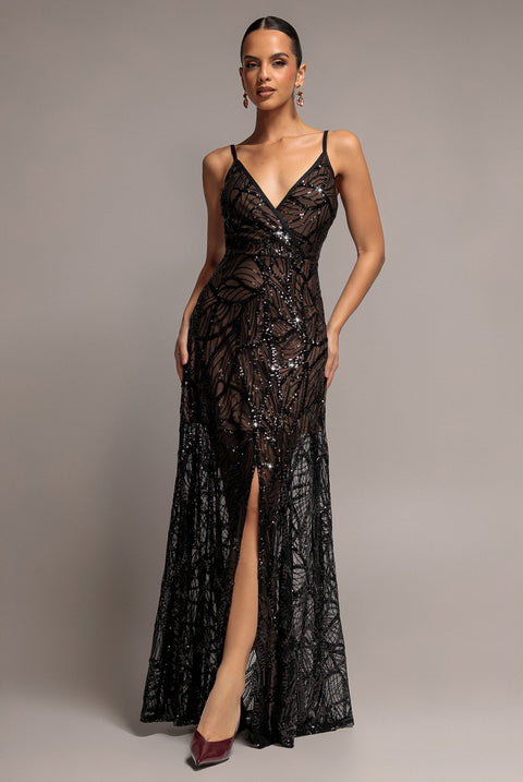 Goddiva Iridescent Sequin Maxi With Front Split - Black