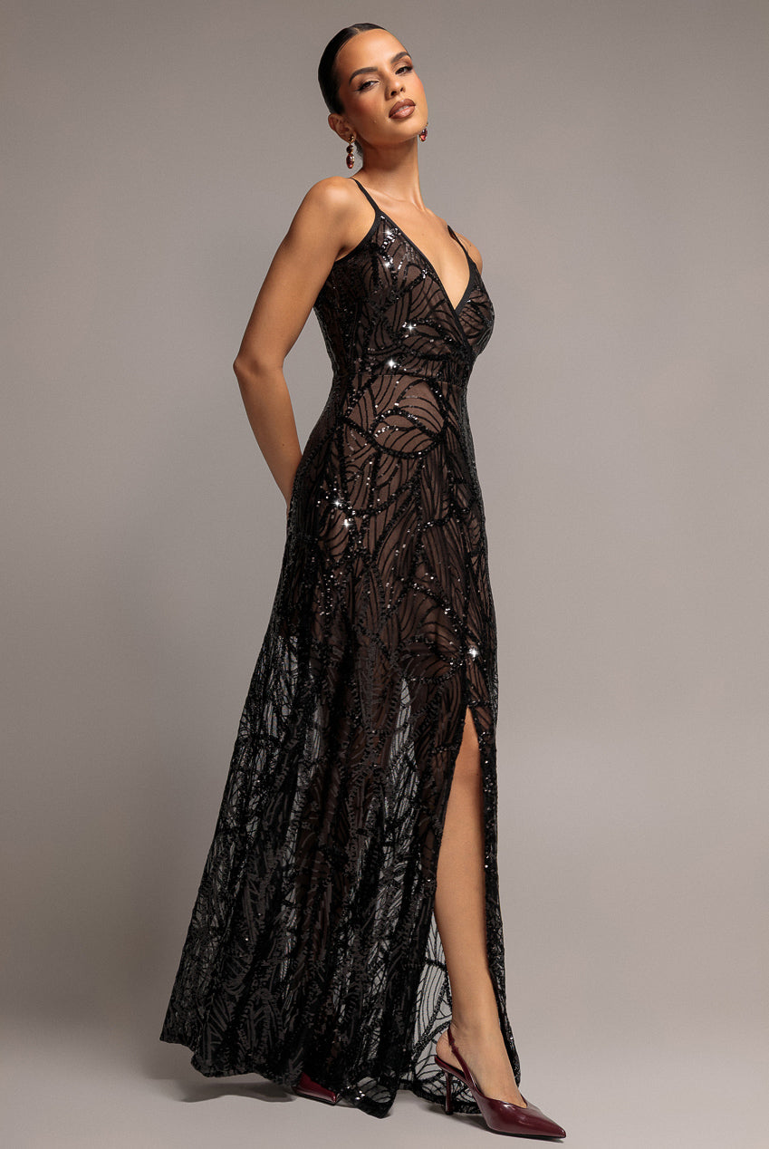 Goddiva Iridescent Sequin Maxi With Front Split - Black