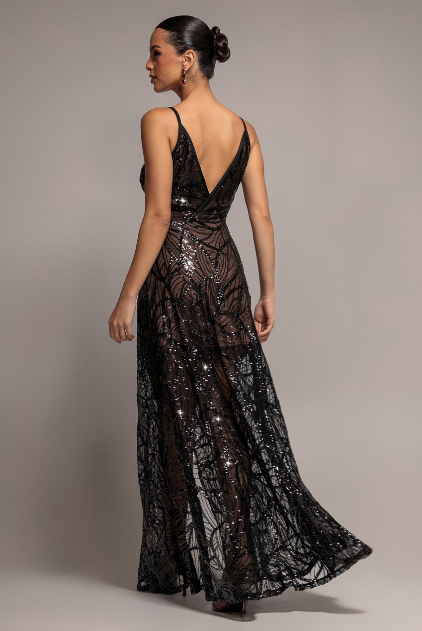 Goddiva Iridescent Sequin Maxi With Front Split - Black