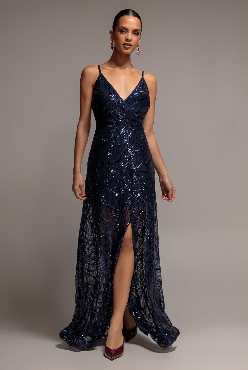Goddiva Ornamental Patterned Iridescent Sequin Maxi With Front Split - Navy Blue