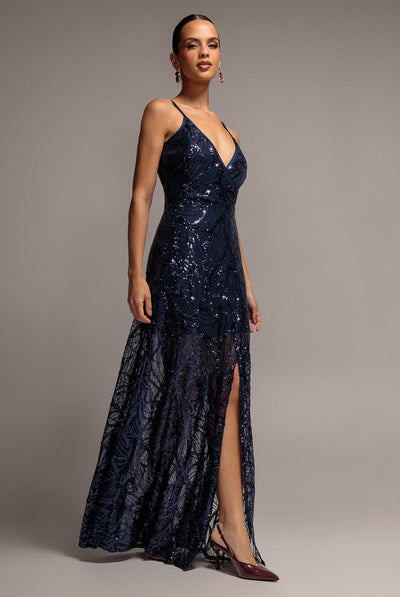 Navy - Goddiva Ornamental Patterned Iridescent Sequin Maxi With Front Split - Navy Blue