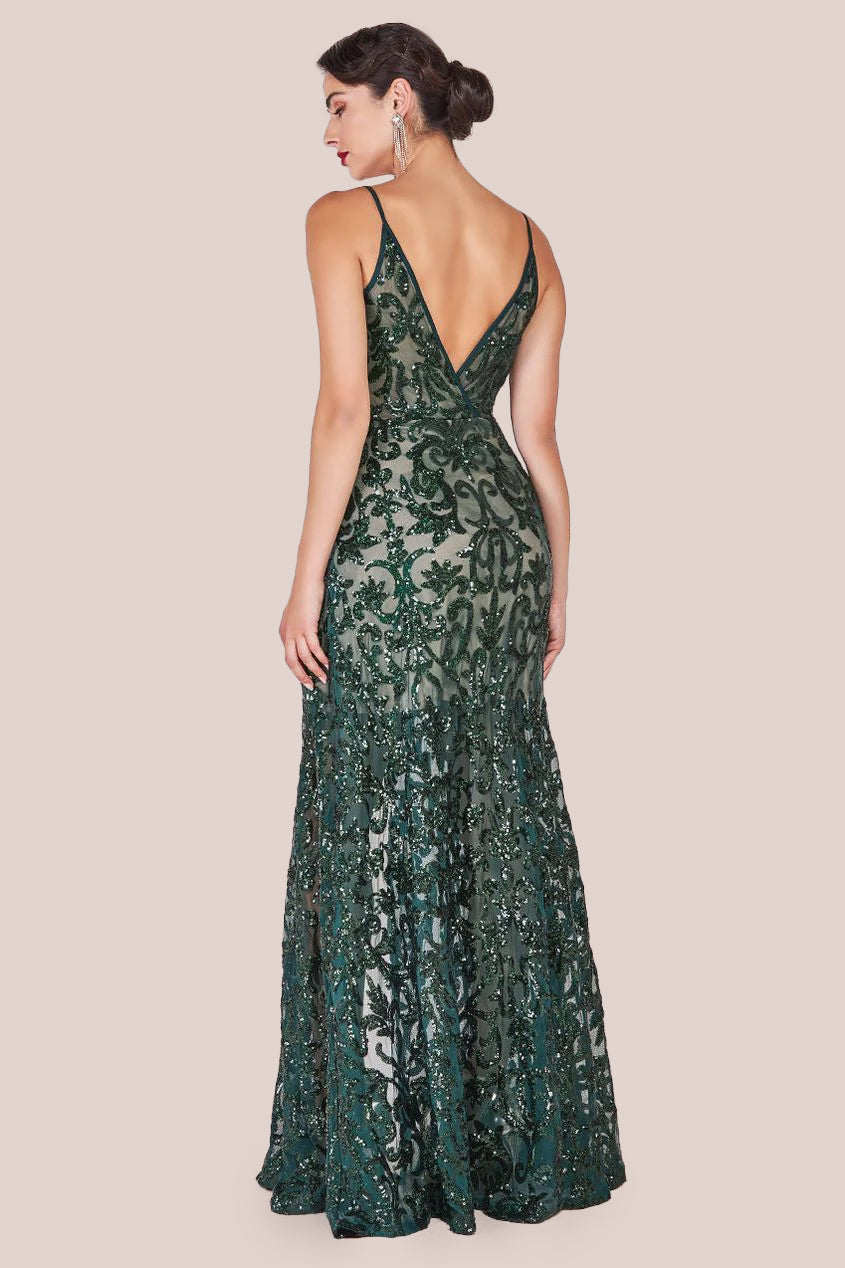 Goddiva Iridescent Sequin Maxi With Front Split - Emerald Green