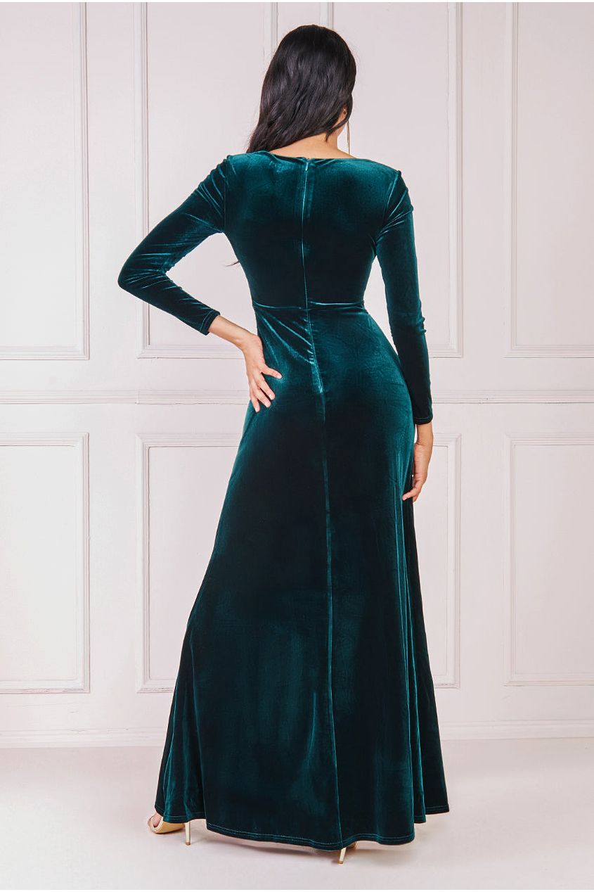 Goddiva Square Neck Gathered Waist Velvet Maxi - Emerald Green