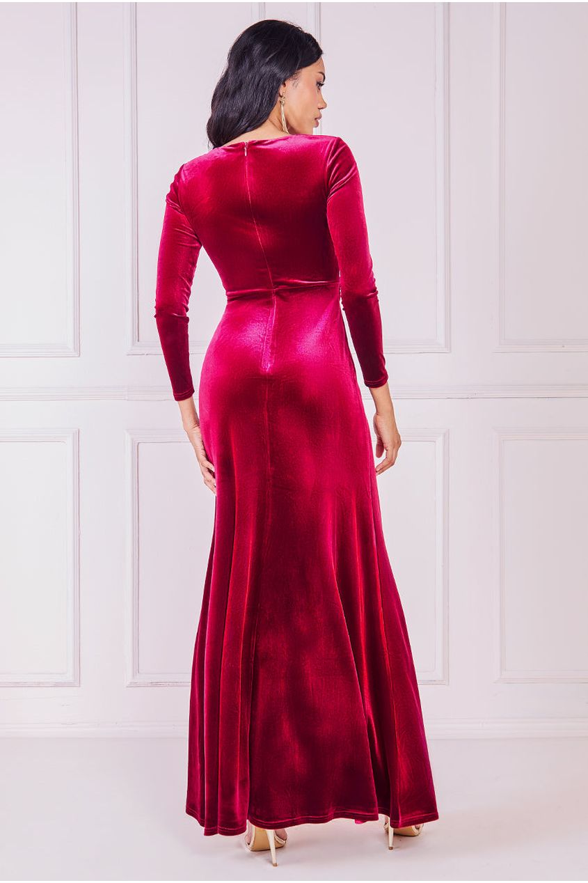 Goddiva Square Neck Gathered Waist Velvet Maxi - Burgundy