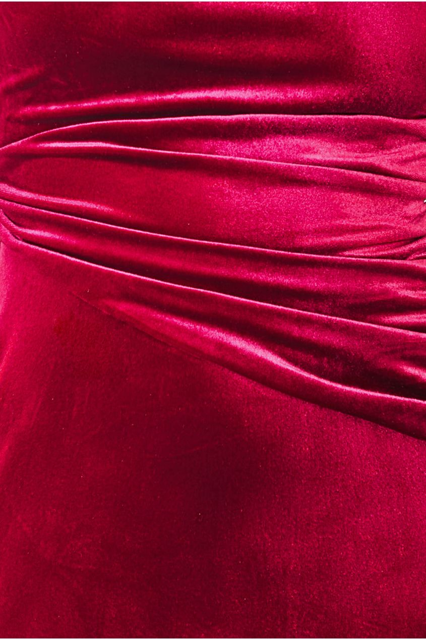 Goddiva Square Neck Gathered Waist Velvet Maxi - Burgundy