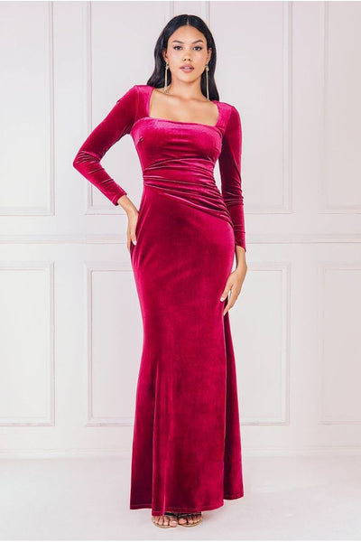 Burgundy - Goddiva Square Neck Gathered Waist Velvet Maxi - Burgundy