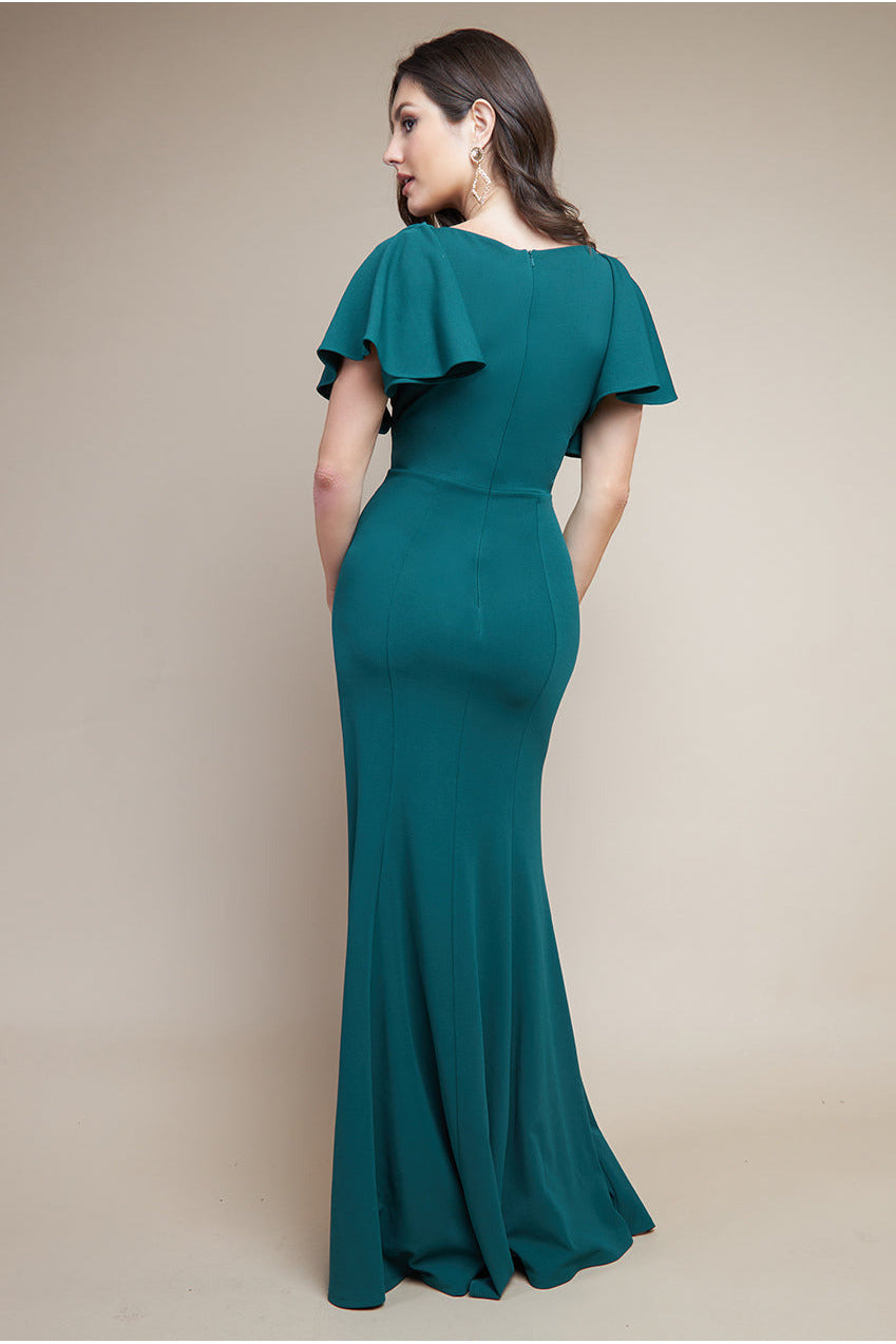 Goddiva Flared Sleeve Front Wrap Maxi Dress - Emerald Green