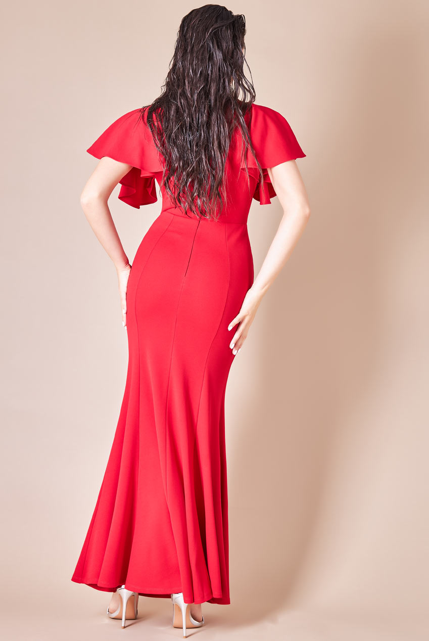 Goddiva Flared Sleeve Front Wrap Maxi Dress - Red