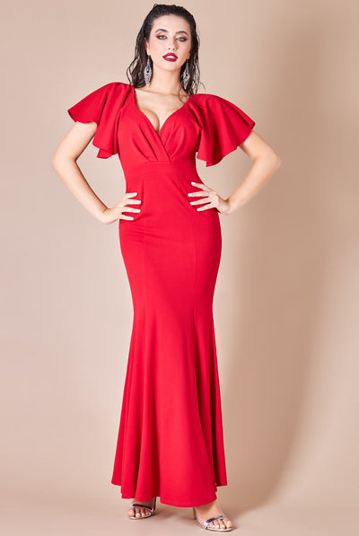 Red - Goddiva Flared Sleeve Front Wrap Maxi Dress - Red