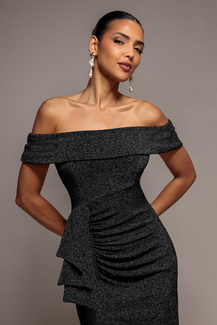 Goddiva Sparkle Bardot Maxi With Waterfall Ruffle - Black