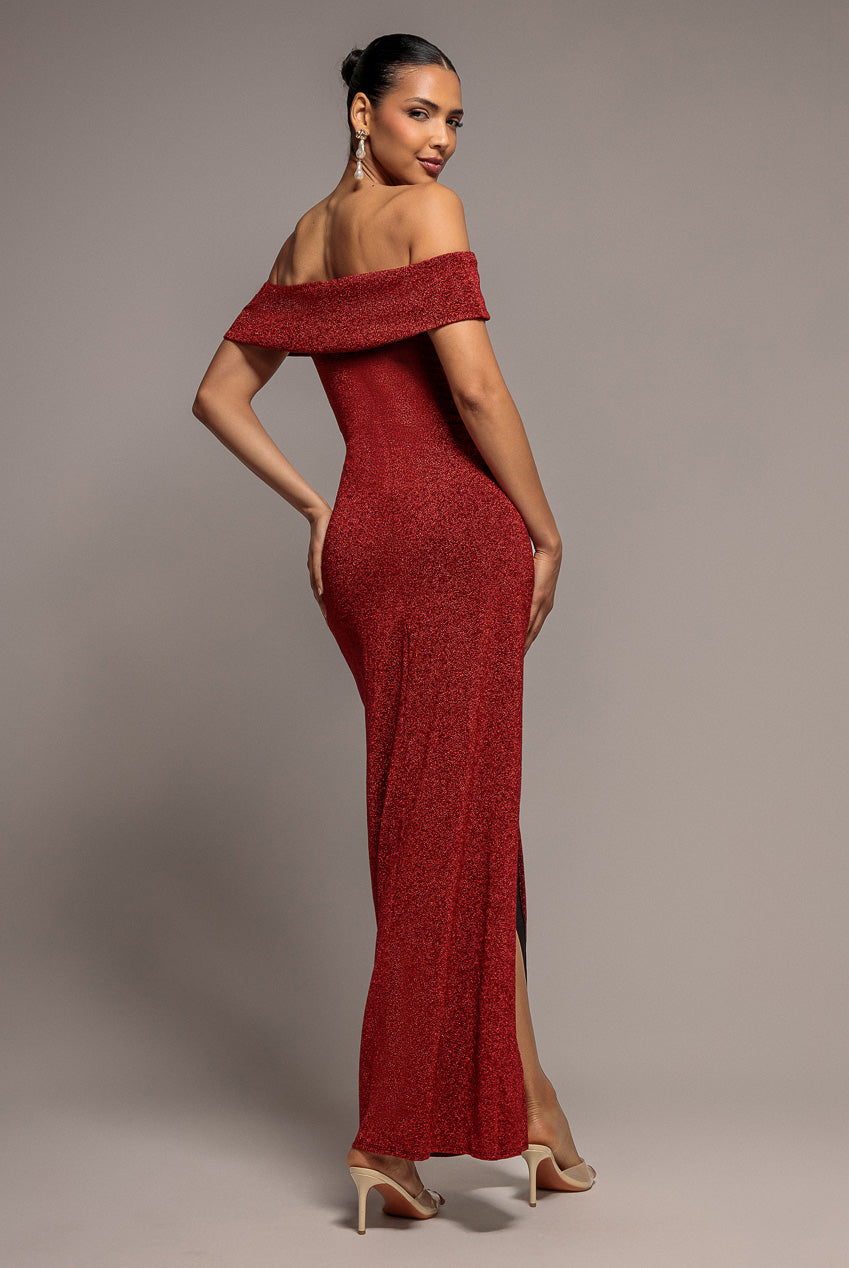 Goddiva Sparkle Bardot Maxi With Waterfall Ruffle - Red