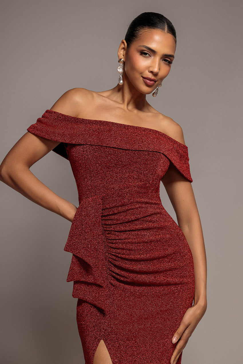 Goddiva Sparkle Bardot Maxi With Waterfall Ruffle - Red