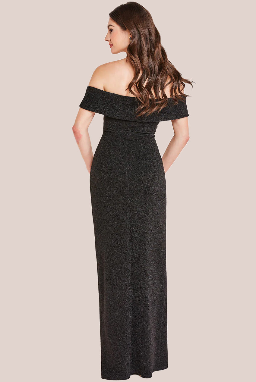 Goddiva Sparkle Bardot Maxi With Waterfall Ruffle - Black