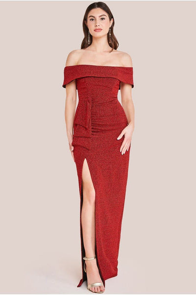 Red - Goddiva Sparkle Bardot Maxi With Waterfall Ruffle - Red