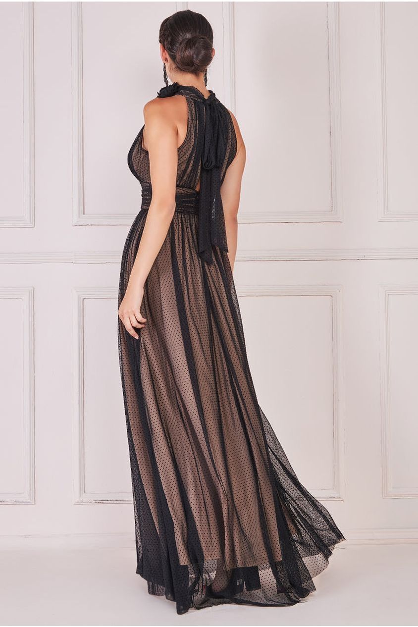 Goddiva Corsage Halter Neck Dobby Mesh Maxi - Black