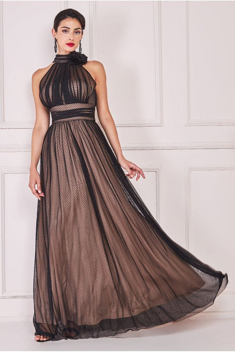 Goddiva Corsage Halter Neck Dobby Mesh Maxi - Black