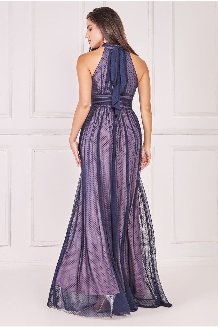 Goddiva Corsage Halter Neck Dobby Mesh Maxi - Blue