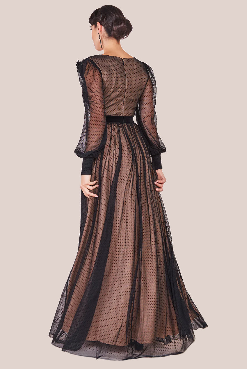 Goddiva Corsage V-Neck Dobby Mesh Maxi - Black