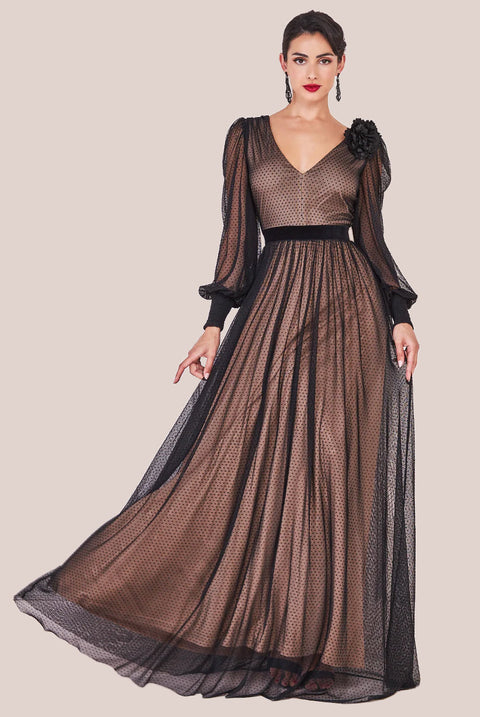 Goddiva Corsage V-Neck Dobby Mesh Maxi - Black