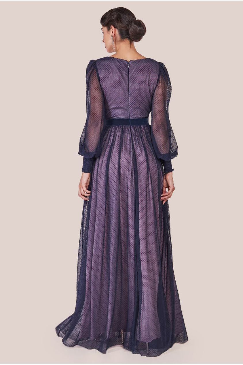 Goddiva Corsage V-Neck Dobby Mesh Maxi - Blue