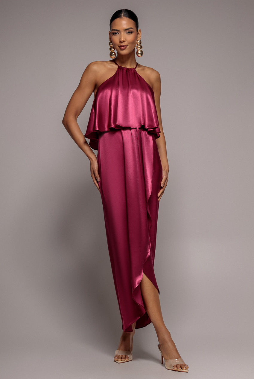 Goddiva Satin Viscose Front Wrap Midaxi Dress - Burgundy