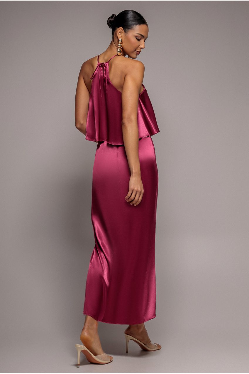 Goddiva Satin Viscose Front Wrap Midaxi Dress - Burgundy