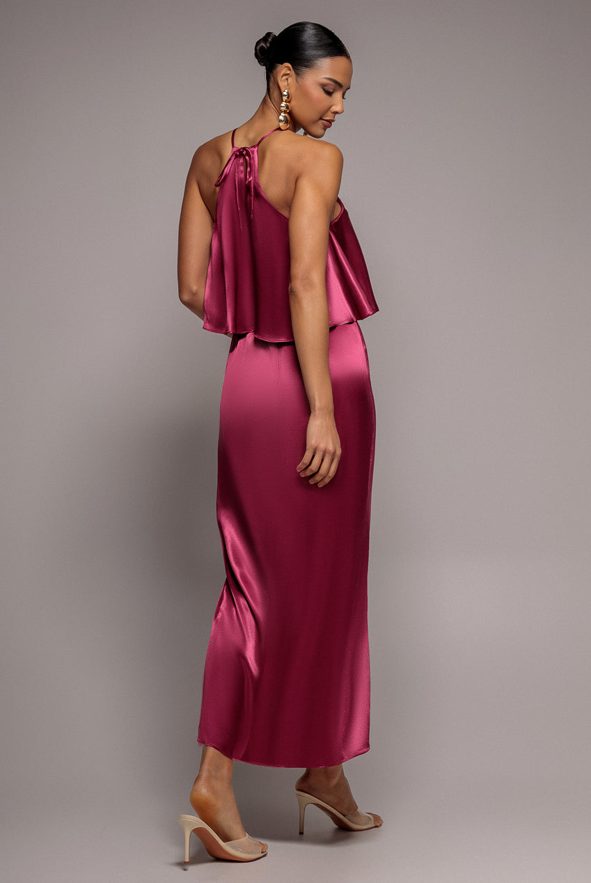 Goddiva Satin Viscose Front Wrap Midaxi Dress - Burgundy