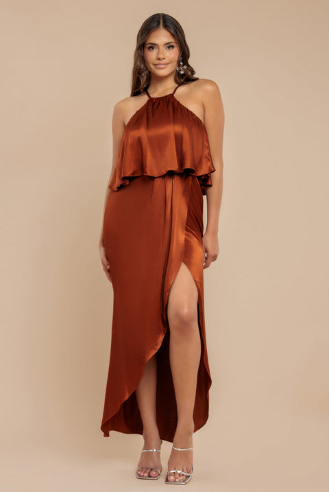 Goddiva Satin Viscose Front Wrap Midaxi Dress - Brown
