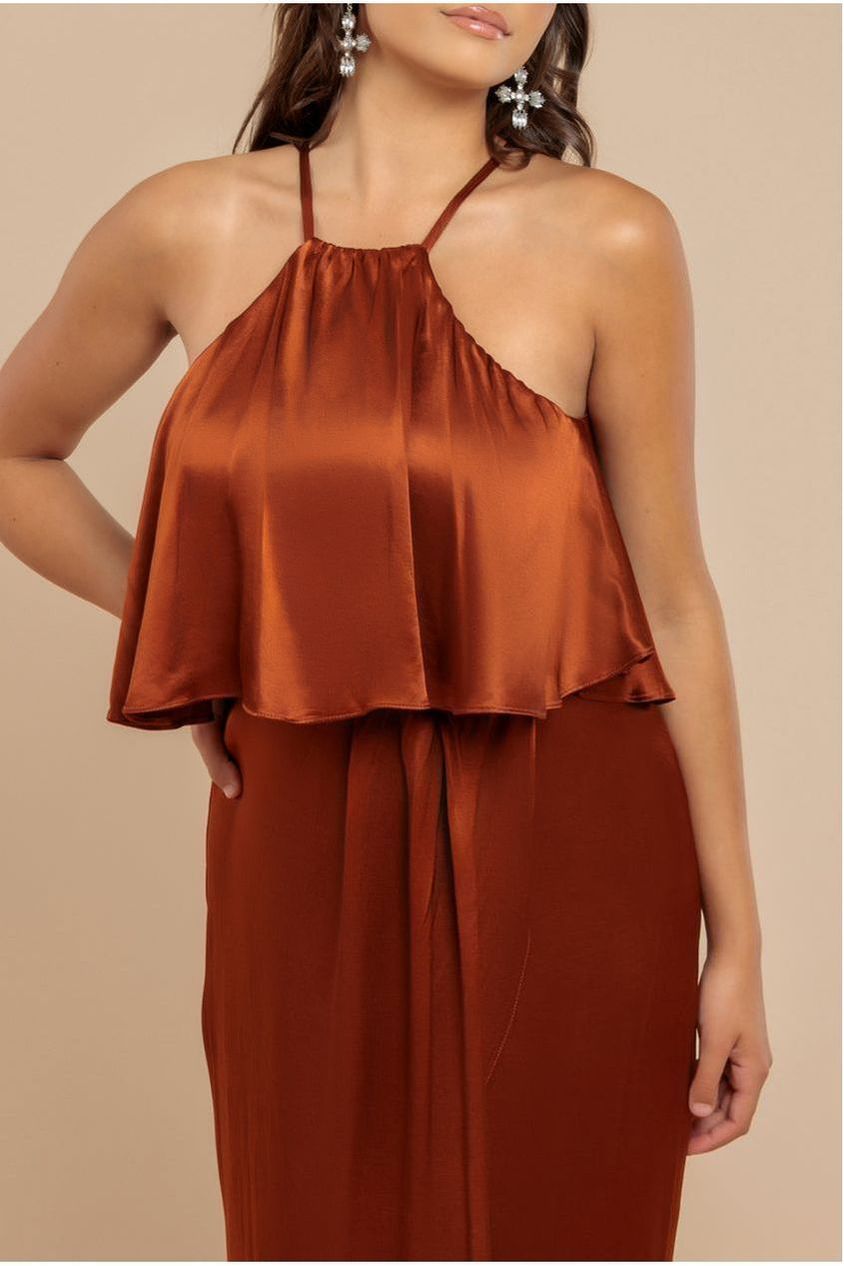 Goddiva Satin Viscose Front Wrap Midaxi Dress - Brown