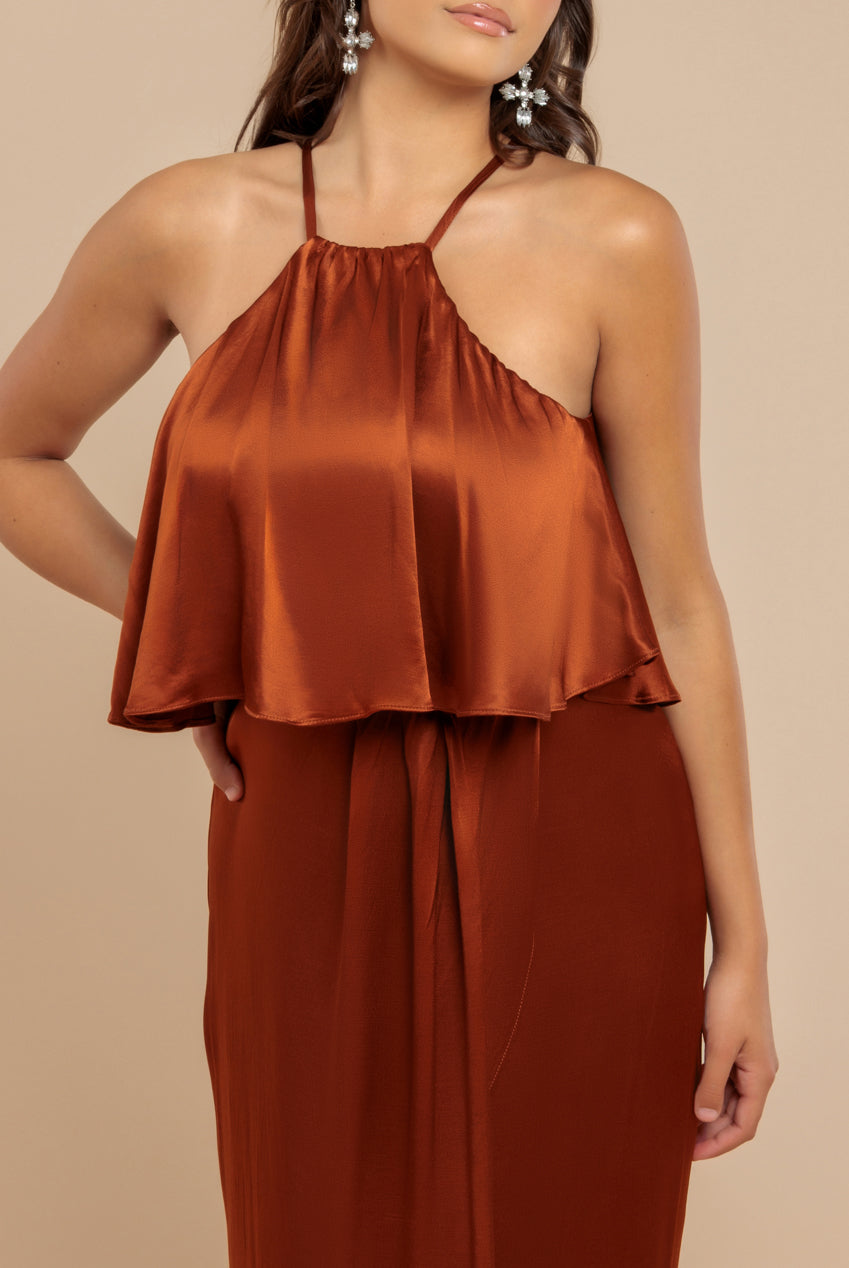 Goddiva Satin Viscose Front Wrap Midaxi Dress - Brown