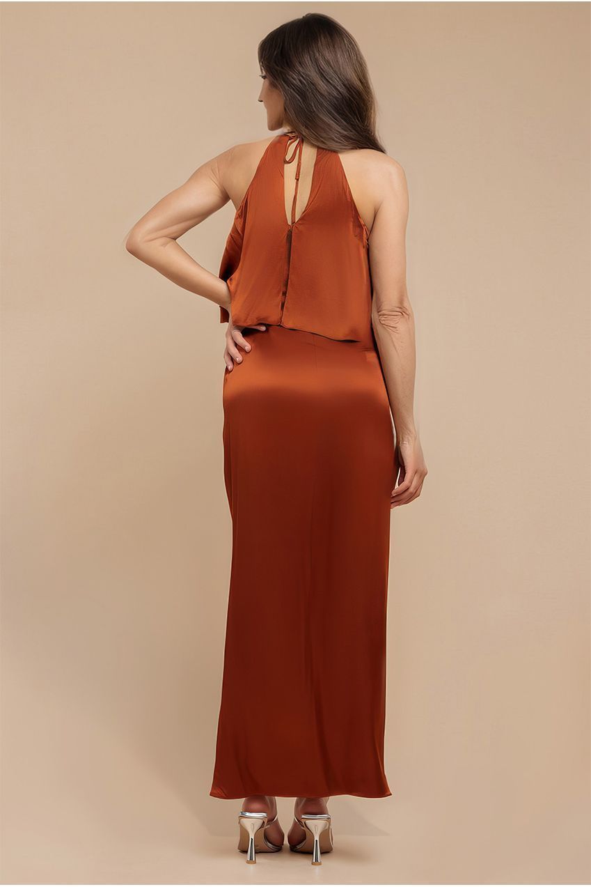 Goddiva Satin Viscose Front Wrap Midaxi Dress - Brown
