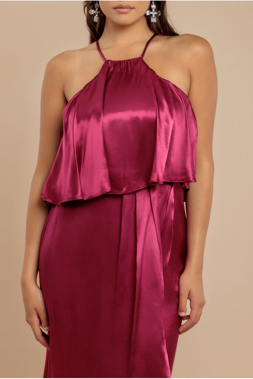 Goddiva Satin Viscose Front Wrap Midaxi Dress - Burgundy