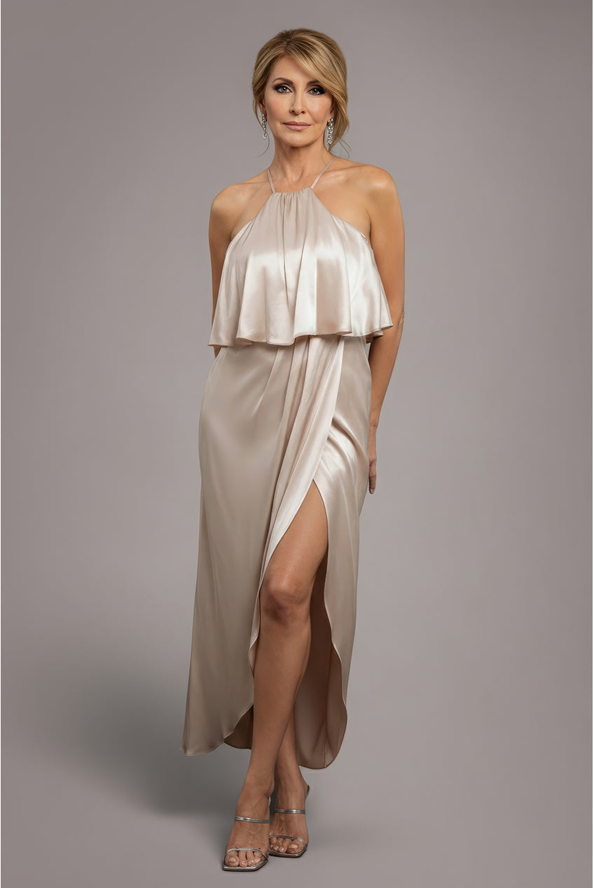 Goddiva Satin Viscose Front Wrap Midaxi Dress - Champagne