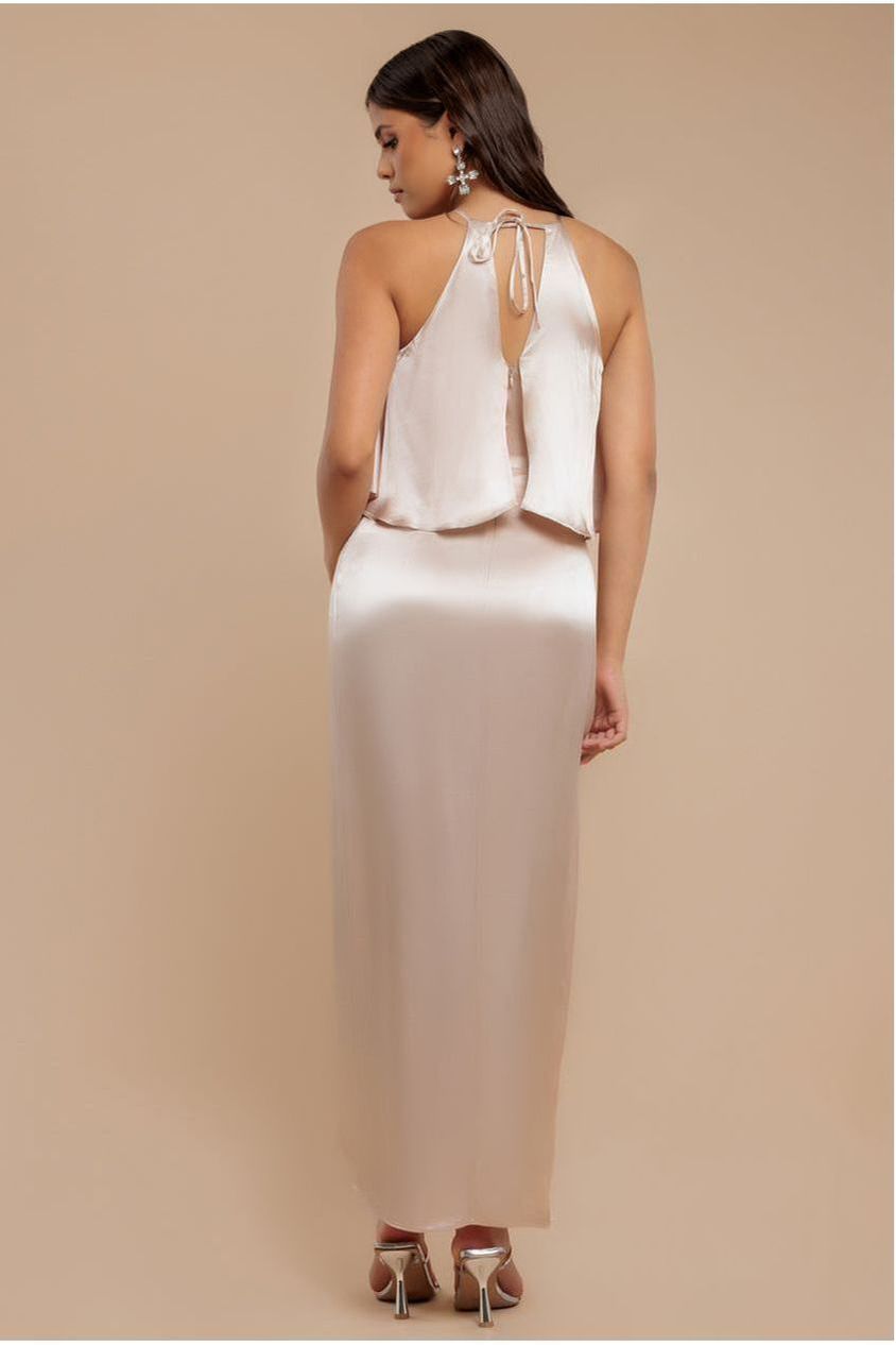 Goddiva Satin Viscose Front Wrap Midaxi Dress - Champagne