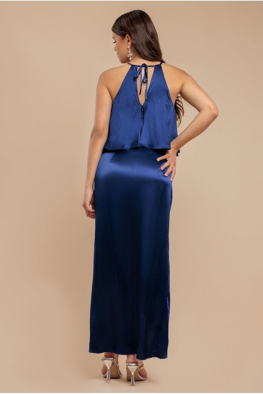 Goddiva Satin Viscose Front Wrap Midaxi Dress - Navy