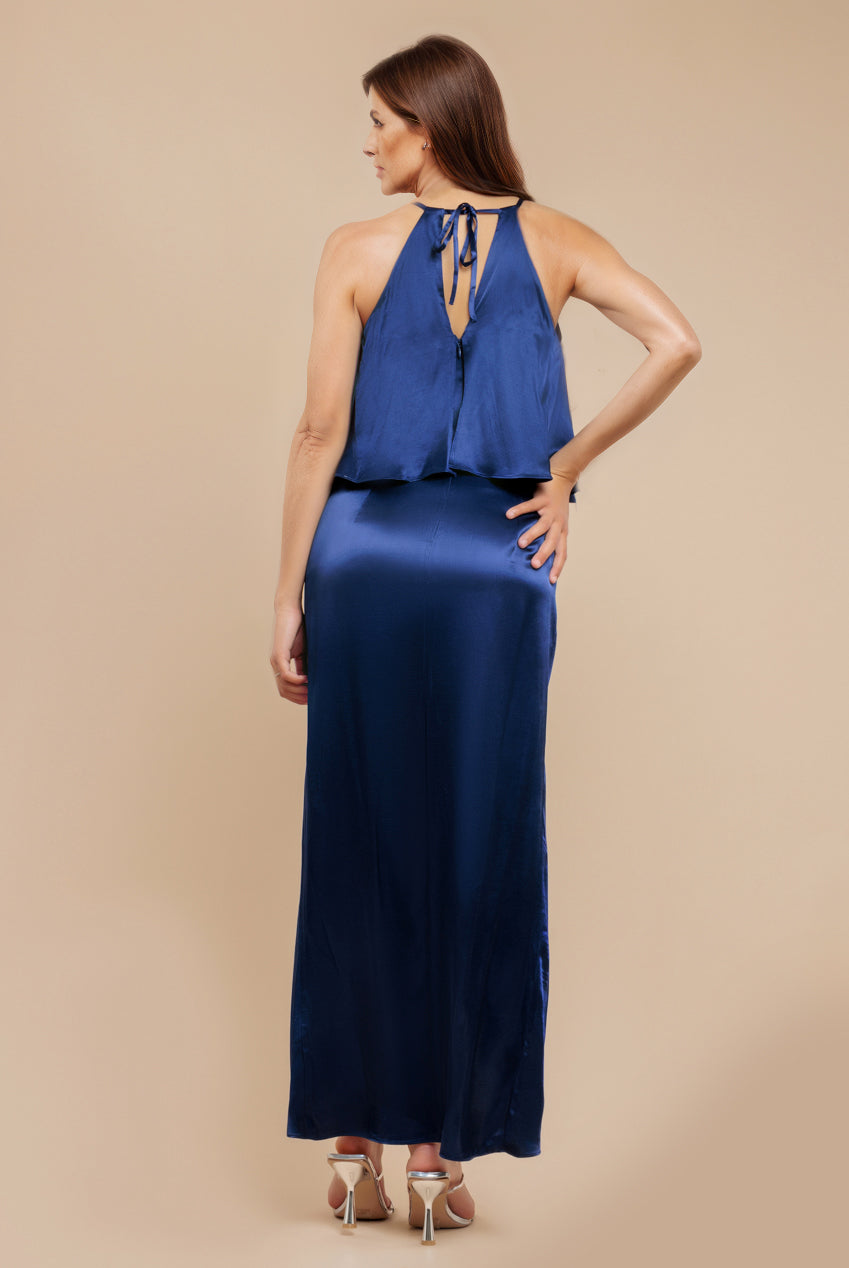 Goddiva Satin Viscose Front Wrap Midaxi Dress - Navy Blue