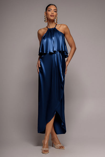 Navy - Goddiva Satin Viscose Front Wrap Midaxi Dress - Navy