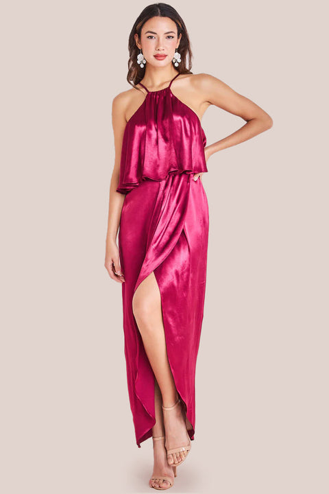 Goddiva Satin Viscose Front Wrap Midaxi Dress - Burgundy