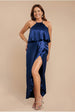 Goddiva Satin Viscose Front Wrap Midaxi Dress - Navy Blue