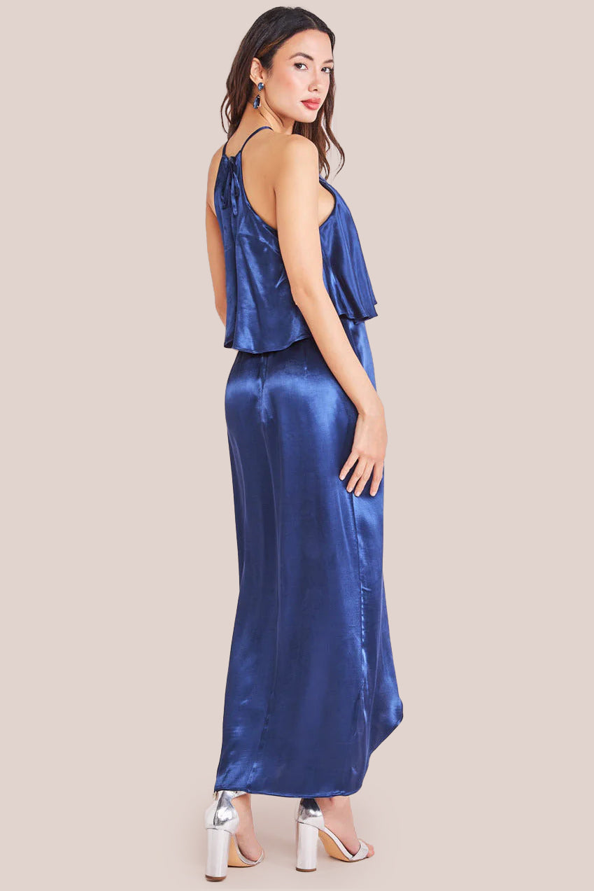 Goddiva Satin Viscose Front Wrap Midaxi Dress - Navy