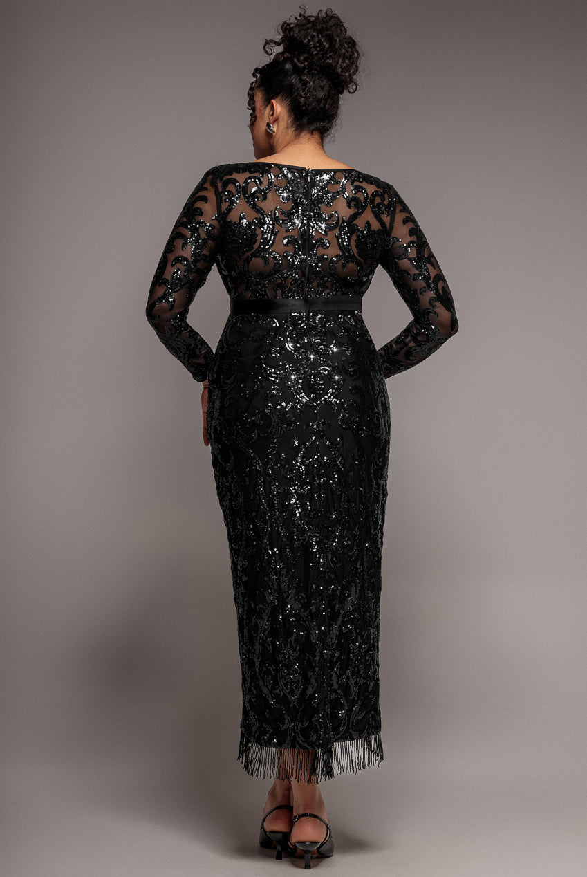 Goddiva Plus Tassel & Sequin Midaxi With Front Split - Black