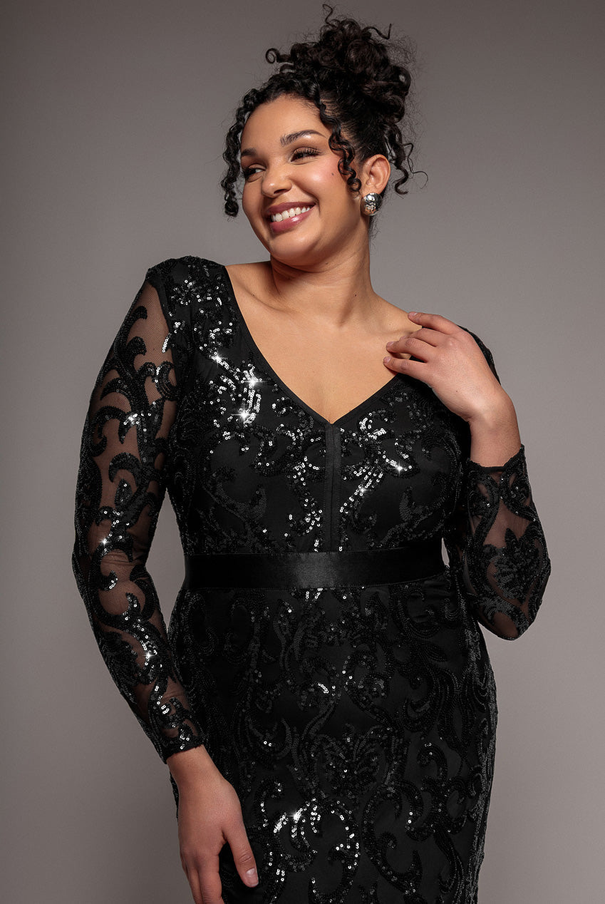 Goddiva Plus Tassel & Sequin Midaxi With Front Split - Black