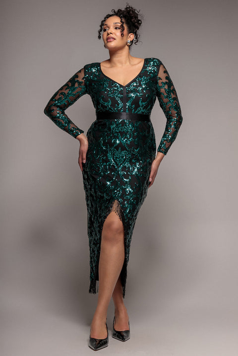 Goddiva Plus Tassel & Sequin Midaxi With Front Split - Emerald Green