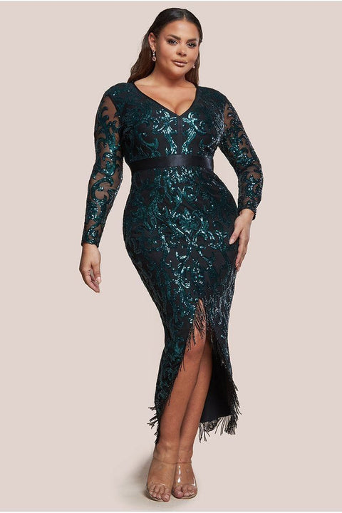 Goddiva Plus Tassel & Sequin Midaxi With Front Split - Emerald Green