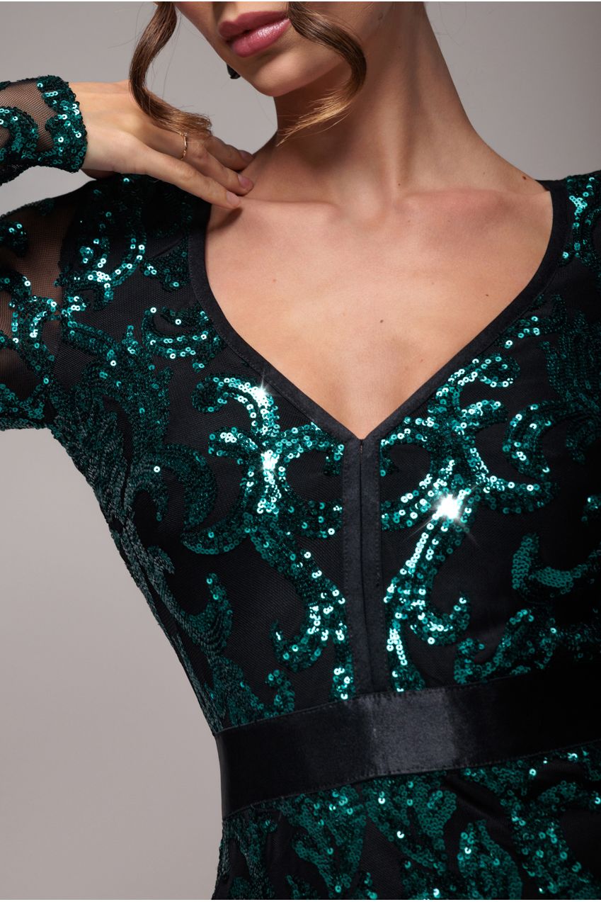 Goddiva Tassel & Sequin Midaxi With Front Split - Emerald Green