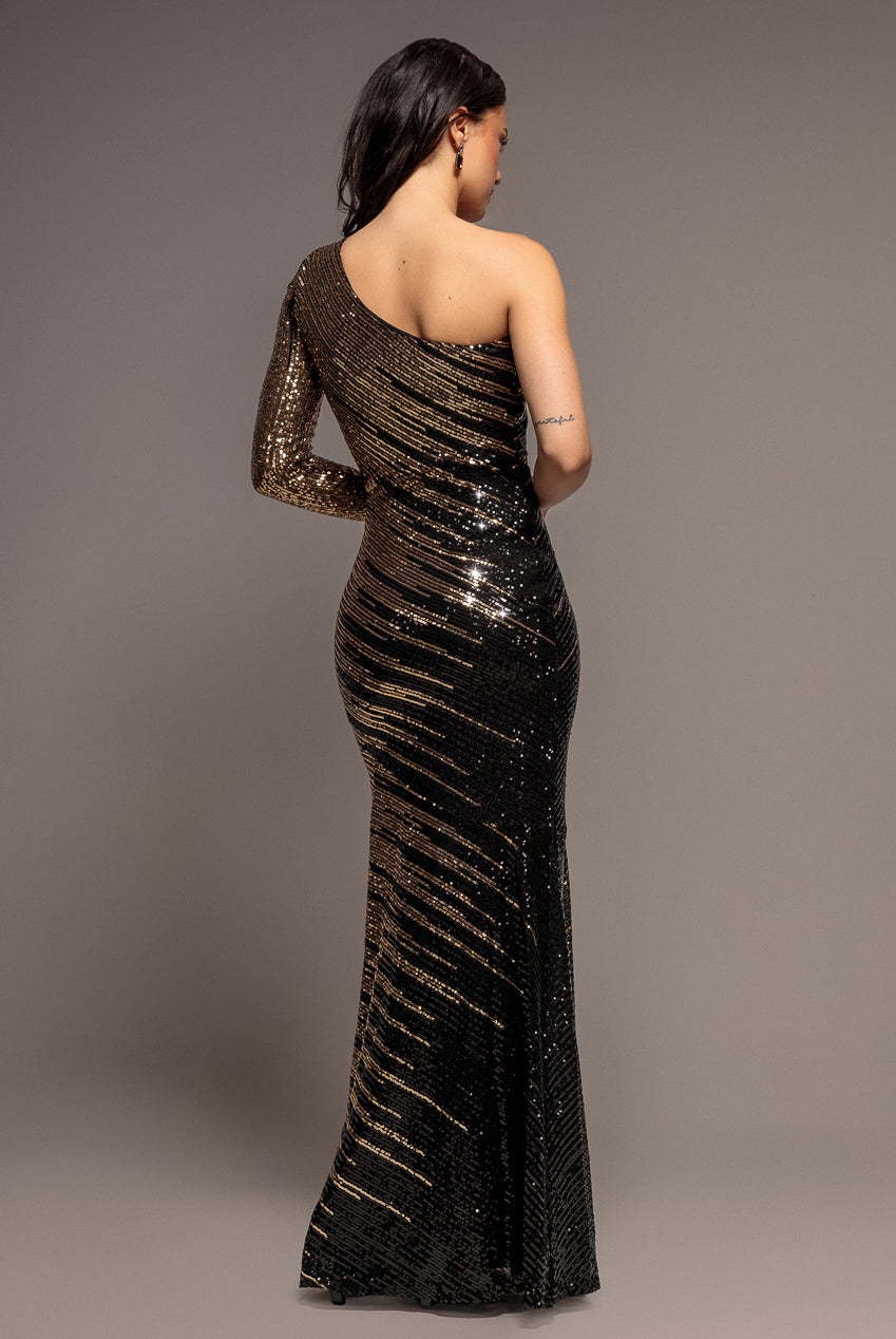 Goddiva One Sleeve Diagonal Sequin Maxi - Gold